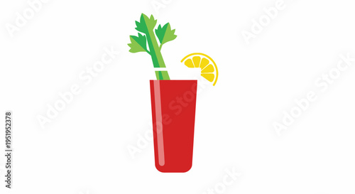 Bloody Mary Cocktail Illustration with Celery Stalk and Lemon Slice Isolated on White - Flat Vector Design for Menu, Brunch, and Healthy Drink Concepts