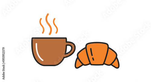 Flat Vector Illustration of a Hot Coffee Cup and Fresh Croissant Icon for Breakfast and Cafe Design