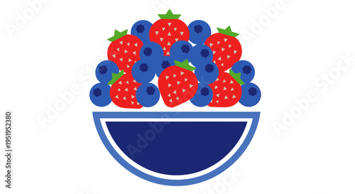 Flat Vector Illustration of a Bowl Filled with Fresh Strawberries and Blueberries