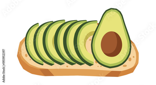 Healthy Avocado Toast Vector Illustration - Sliced Avocado on Toast with Pit Half, Flat Design Food Icon on White Background