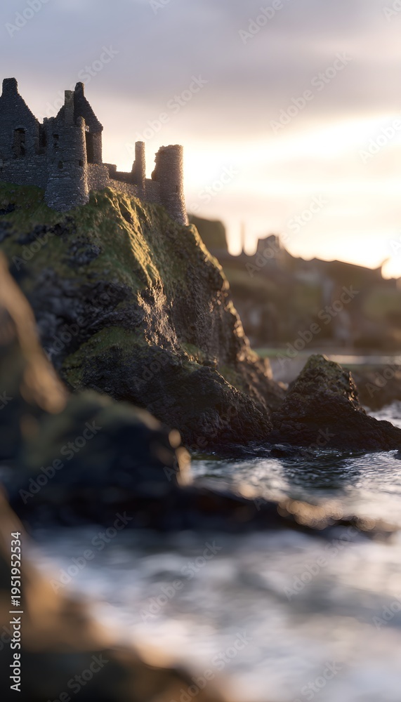 Fototapeta premium Dramatic sunset illuminates ancient Dunluce Castle ruins on rugged coastal cliffs evoking historical grandeur