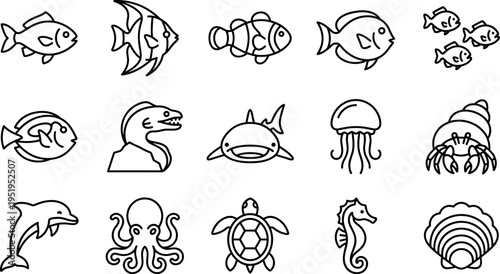 marine life icon set, vector outline sea animals including fish shark jellyfish crab octopus turtle dolphin isolated on transparent background