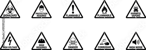 hazard warning signs icon set, vector triangle safety symbols including biohazard flammable high voltage corrosive and danger isolated on transparent background