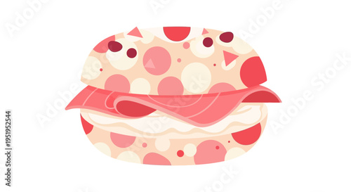 Minimalist Flat Vector Illustration of a Decorative Pink Polka Dot Bagel Sandwich with Ham and Cream Cheese