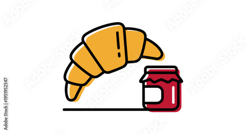 Minimalist Vector Illustration of a Croissant with a Jam Jar - French Breakfast Icon for Bakery and Food Design