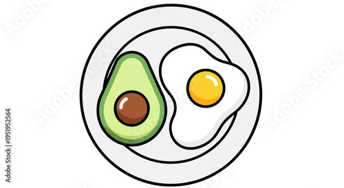 Minimalist Vector Illustration of a Healthy Breakfast Featuring Half Avocado and Sunny Side Up Fried Egg on a White Plate