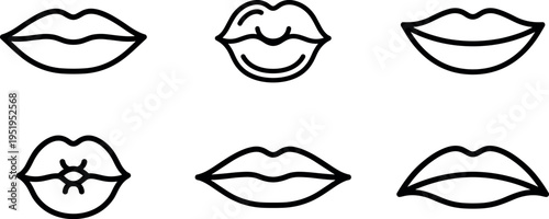 lips and mouth icons set, vector outline beauty and cosmetic symbols including smile kiss and expressions isolated on transparent background