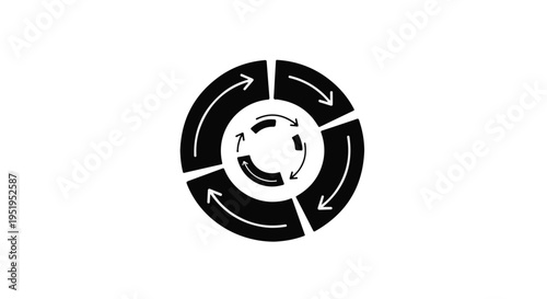 Black and white circular arrow cycle diagram icon for business process workflow and strategy planning