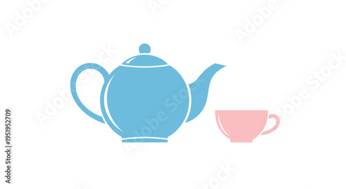 Minimalist Flat Vector Illustration of a Blue Teapot and Pink Tea Cup Isolated on White Background