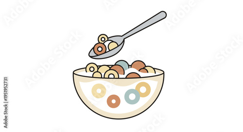 Vector Illustration of a Healthy Breakfast Bowl with Colorful Cereal Rings and Spoon