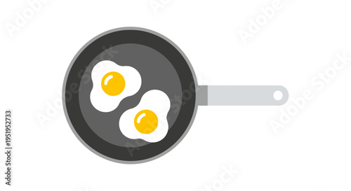 Top view of two fried eggs in a frying pan illustration. Minimalist flat vector design of healthy breakfast cooking in a skillet isolated on white background.