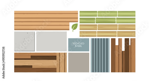 Sustainable Eco-Friendly Building Materials Collection: Vector Illustration of Bamboo, Recycled Steel, Sustainable Wood, Cork, and Concrete for Green Architecture and Design