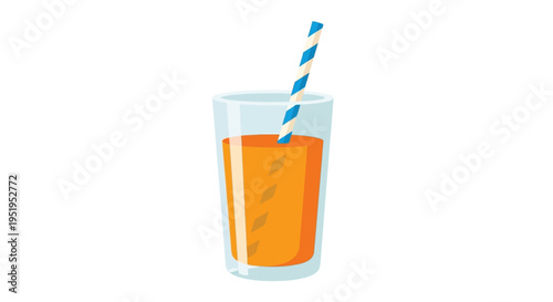 Fresh Orange Juice Glass with Blue Striped Straw Flat Vector Illustration