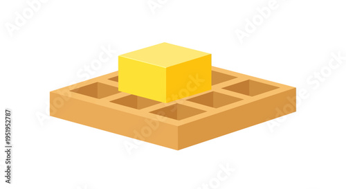 Isometric 3D Waffle with a Cube of Butter Isolated on White Background - Minimalist Breakfast Food Illustration