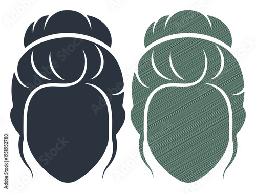 Two stylized portraits of elegant hairstyles, one solid and one hatched.