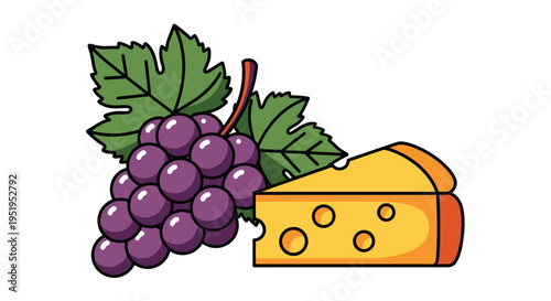 Cartoon Bunch of Purple Grapes with Swiss Cheese Wedge Isolated on White - Gourmet Appetizer Vector Illustration