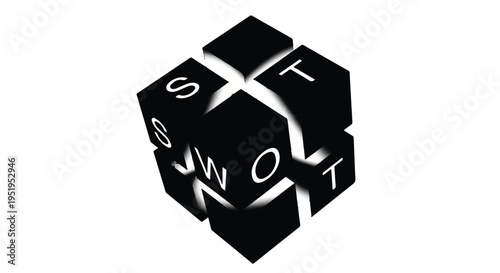 SWOT analysis cubes business strategy concept with strengths weaknesses opportunities threats on black blocks with white letters in modern minimalist style