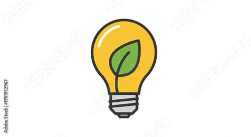Green Energy Concept Icon: Yellow Light Bulb with a Green Leaf Inside on a White Background. Symbol for Sustainability, Eco-friendly Innovation, and Renewable Energy Ideas.