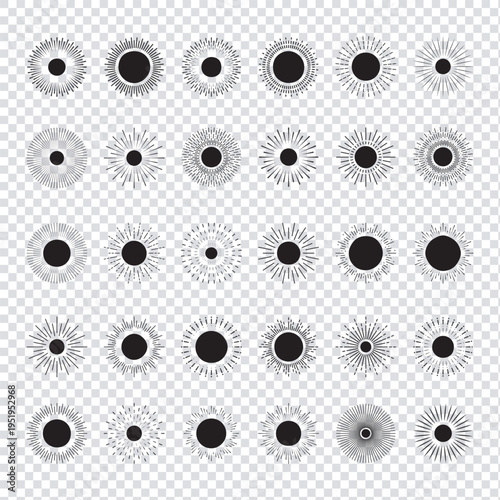 Set of sunburst elements with radial stripes in varied styles, featuring retro, comic, and modern designs, perfect for backgrounds, posters, banners, pop-art projects, and creative graphic layouts