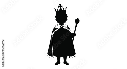 A regal king stands with a scepter and crown a dark silhouette