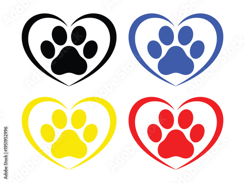 Paw print hearts silhouette illustration, four heart shapes with pet paw prints representing love for animals and pet care symbols.