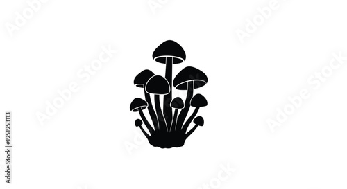 A cluster of black mushrooms depicted in a stark silhouette