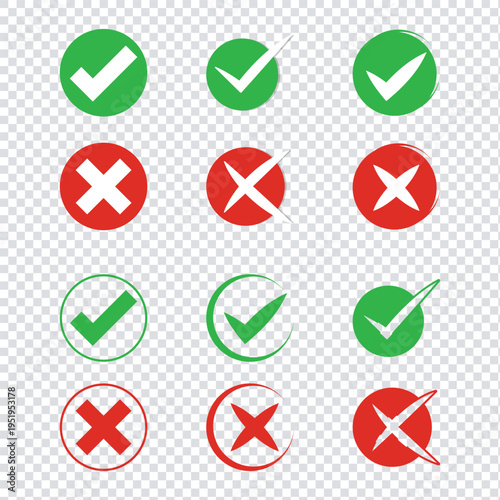 Set of tick and cross icons in green and red colors, featuring various styles including stroke, filled, flat, and outlined designs, ideal for UI, checklists, approvals, errors, and digital graphics