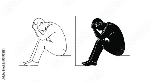 Two depictions of a seated despairing person in outline and silhouette