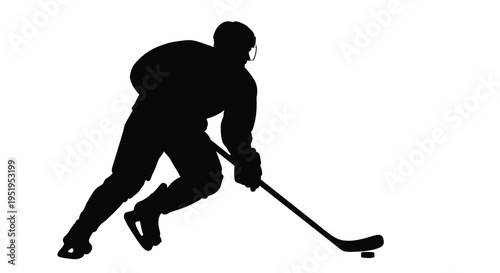Ice hockey player in action dynamically skating with a stick silhouette