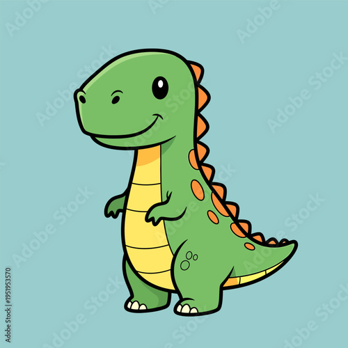 Cute cartoon dinosaur illustration with vibrant green scales and orange spots on a sky blue background, perfect for children's designs and educational materials