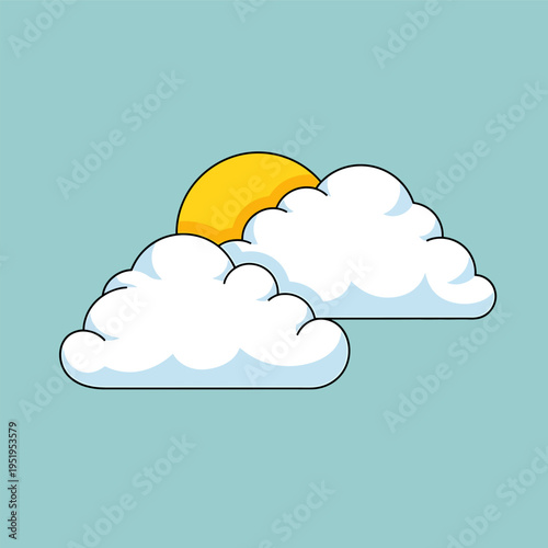 Sunny day with clouds, bright yellow sun peeking through fluffy white clouds against a clear blue sky, representing pleasant weather