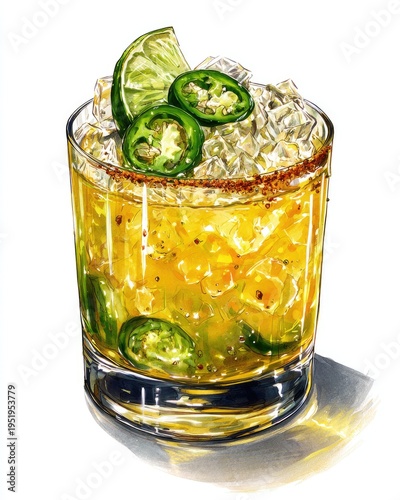 Cocktail glass with colorful drink, ice, jalape?os, lime and rim garnish illustration