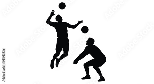 Two men juggling balls in mid air a striking black silhouette