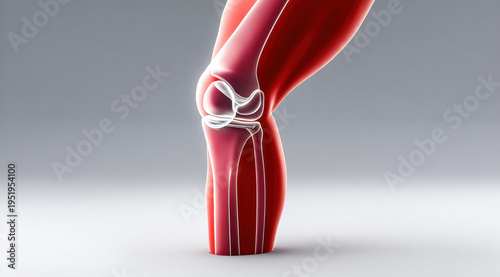 Human knee joint anatomy illustration, side view showing bones, cartilage, and ligaments, medical concept, healthy tissue