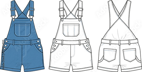 Denim Dungaree Shorts Flat Sketch Illustration, Technical Pinafore Overalls CAD Template, Flat Art