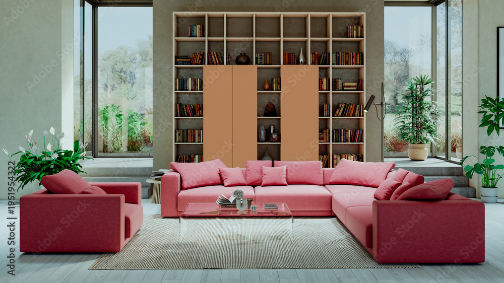 Obraz premium Large luxury modern bright interiors Living room mockup illustration 3D rendering Generated Color Image