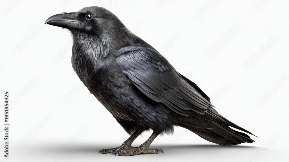 Fototapeta premium Black raven bird, side view, perched on white background, glossy feathers, intelligent expression, detailed plumage, natural wildlife