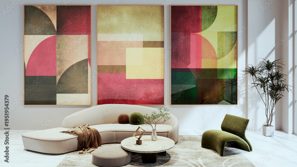 Naklejka premium Large luxury modern bright interiors Living room mockup illustration 3D rendering Generated Color Image