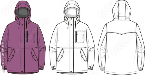 Hooded Parka Jacket Technical Sketch Flat Vector Illustration Set Front and Back Views