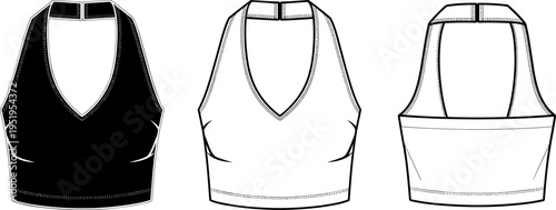 Halter Neck Crop Top Fashion Technical Flat Sketch - Women’s Apparel Illustration Isolated
