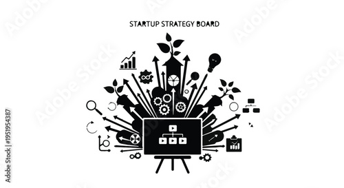 Startup strategy business concept with creative ideas and innovation symbols on screen, modern technology and entrepreneurship elements, brainstorming and planning for success