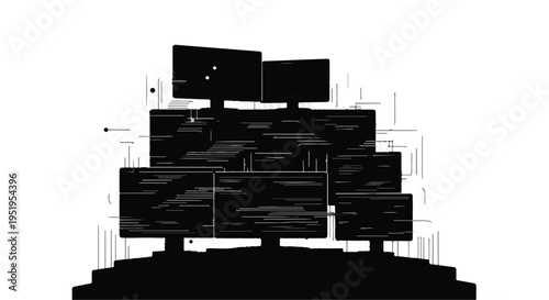 Modern computer workstation with multiple monitors on desk in office workspace setting with black silhouette