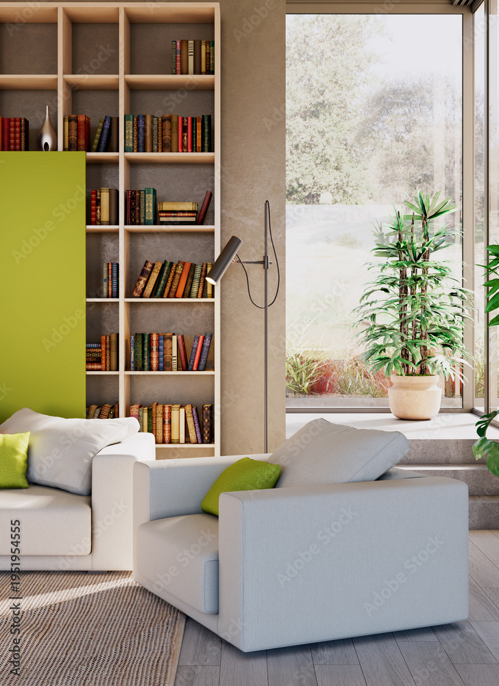 Naklejka premium Large luxury modern bright interiors Living room mockup illustration 3D rendering Generated Color Image