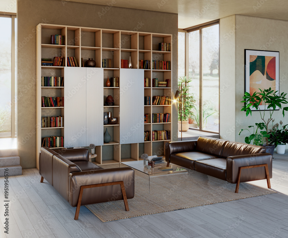 Naklejka premium Large luxury modern bright interiors Living room mockup illustration 3D rendering Generated Color Image