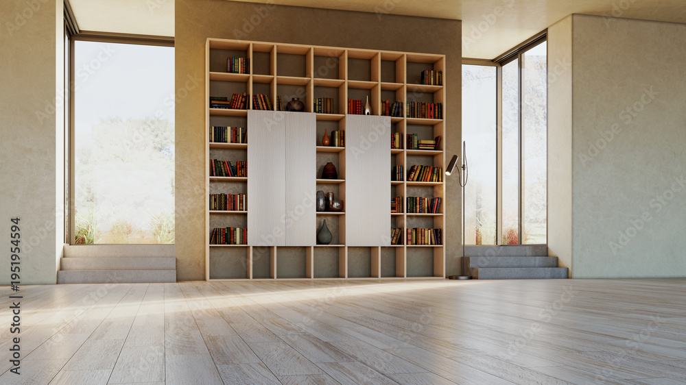 Naklejka premium Large luxury modern bright interiors Living room mockup illustration 3D rendering Generated Color Image