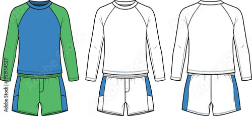 Long Sleeve Raglan Rash Guard and Swim Shorts Set Flat Vector Illustration Technical Sketch