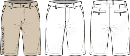 Men Chino Shorts Technical Flat Sketch, Bermudas Fashion Template Illustration Vector