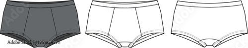 Men's Boxer Briefs Technical Sketch Set, Underwear Fashion Flat Illustration