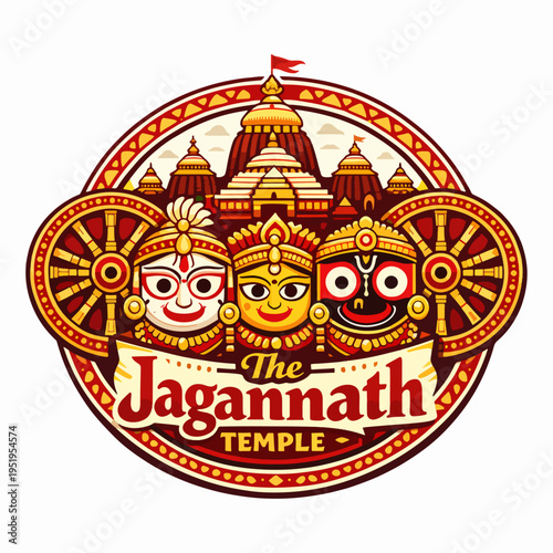 Ornate Jagannath temple emblem featuring sacred deities and ceremonial chariot wheels, symbolizing devotion, tradition, pilgrimage, spiritual heritage, and vibrant cultural identity