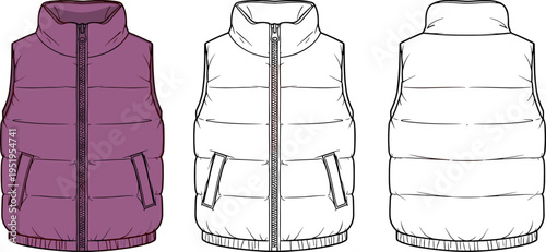 Puffer Vest Technical Sketch Flat Vector Illustration Set with Front and Back Views